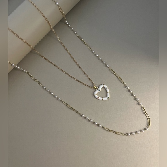 Gold & White Heart Trendy Necklace Set - Boho Layered Necklace Set - Picture 1 of 16